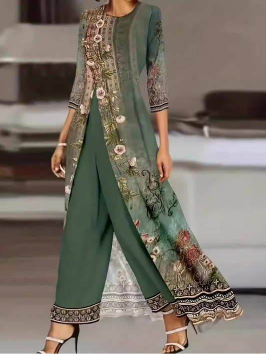Women’s Two Piece Set – Relaxed Fit – Wide Leg Pants – Ornate Floral Detailing