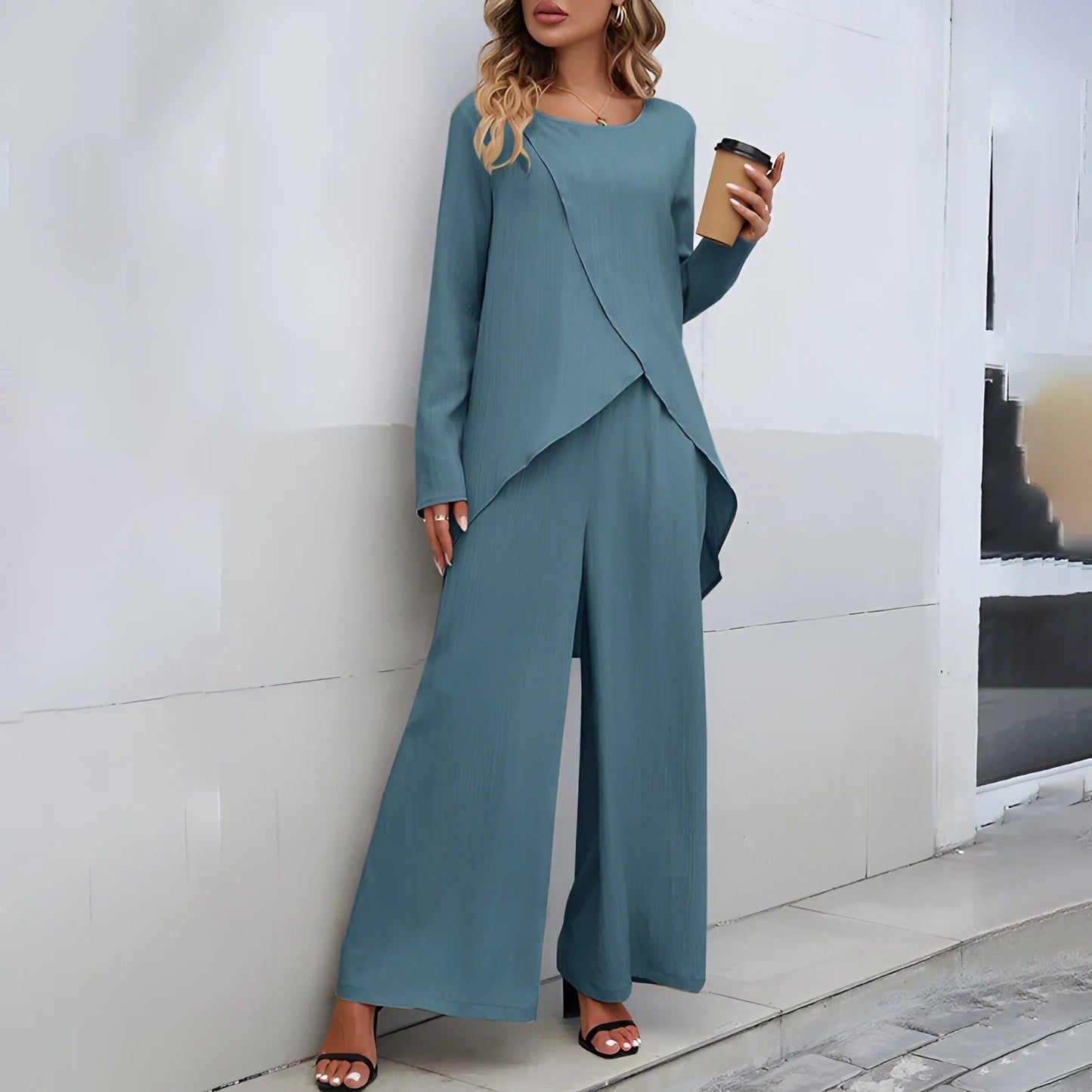 Women’s Two-Piece Set – Textured Woven – Asymmetrical Top – Wide-Leg Pants