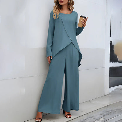 Women’s Two-Piece Set – Textured Woven – Asymmetrical Top – Wide-Leg Pants