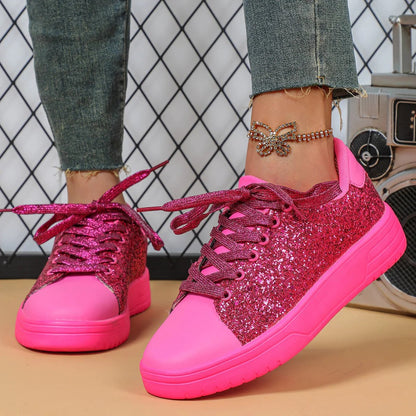 Women’s Low-Top Sneakers - Glitter Upper - Lace-Up - Cushioned Collar
