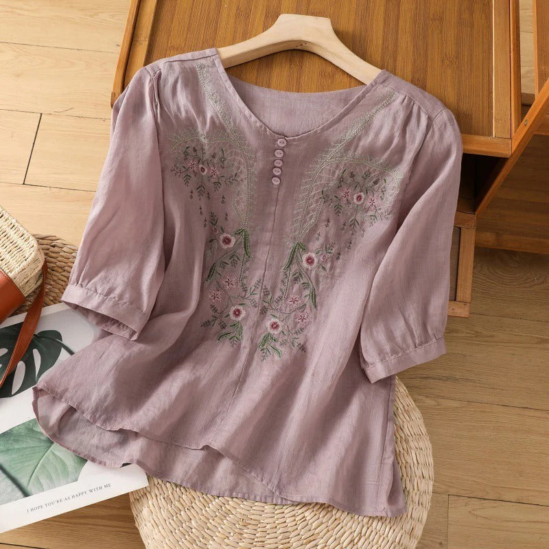 Women’s Blouse – Relaxed Fit – Cotton – Floral Embroidery – 3/4 Sleeve – Button Neck