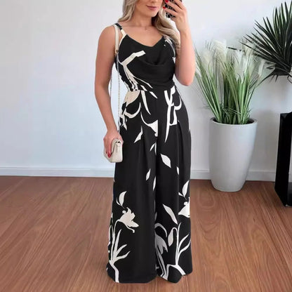 Women’s Jumpsuit – Tailored Fit – Draped Neckline – Floral Print – Wide Leg Design