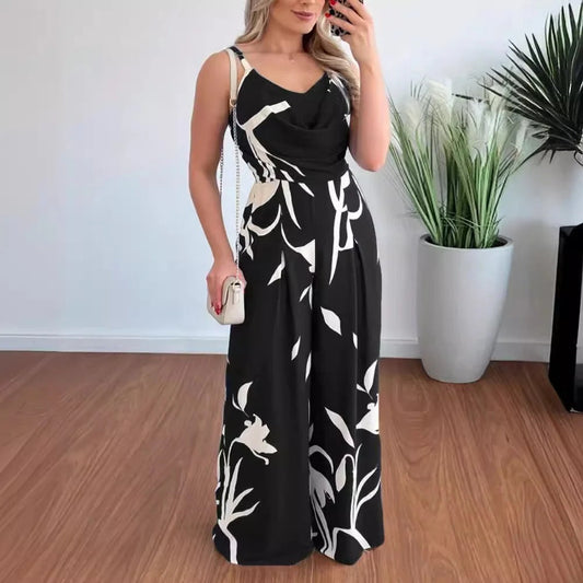 Women’s Jumpsuit – Tailored Fit – Draped Neckline – Floral Print – Wide Leg Design