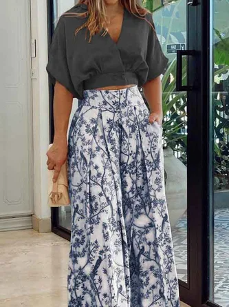 Women’s Two-Piece Set – Relaxed Fit Top with Dolman Sleeves – Wide-Leg Pleated Pants – Breathable Blend