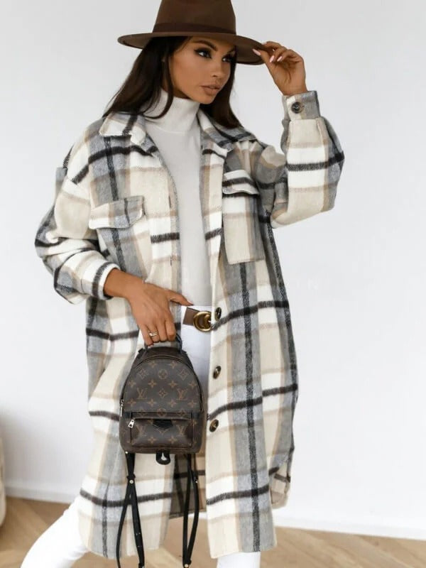 Women’s Coat – Wool Blend – Oversized Fit – Knee Length – Checked – Button Front