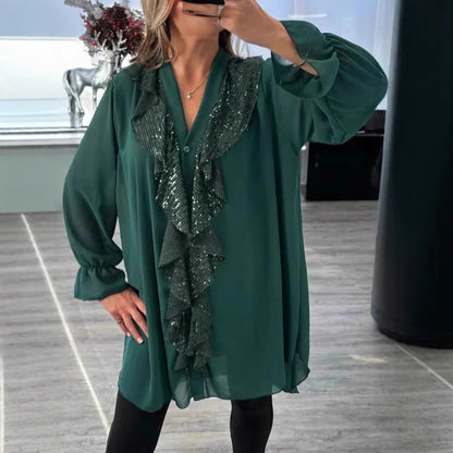 Women’s Blouse – Sheer Fabric – Relaxed Fit – Long Sleeve – Ruffle Front Sparkle