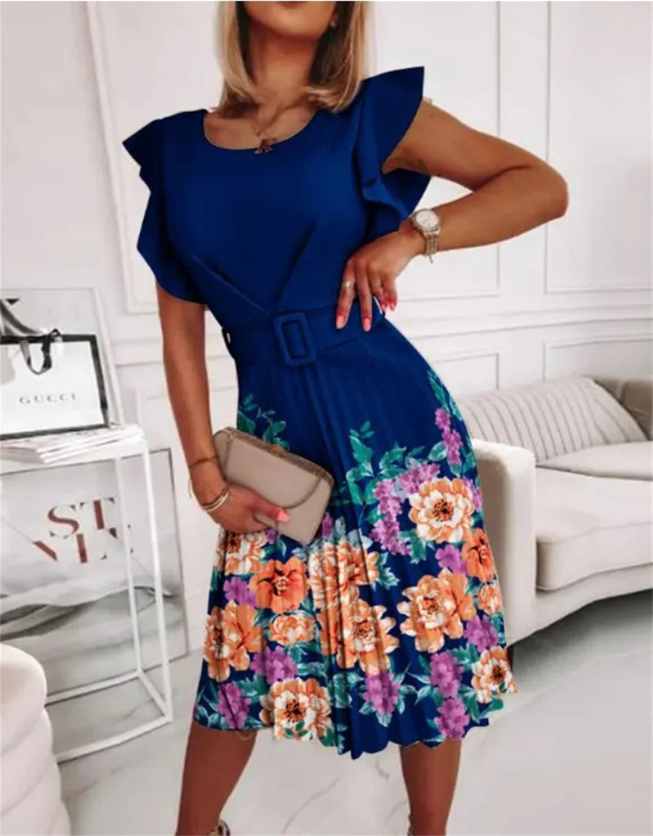 Women's Midi Dress - Satin - Fitted Bodice - Ruffled Sleeves - Belted Waist