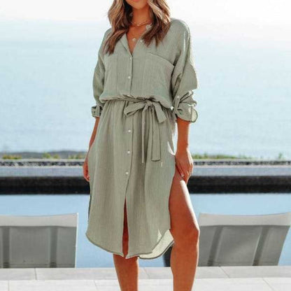 Women’s Kaftan Blouse Dress – Relaxed Fit – Cotton – Button Front – Tie Waist – Midi Length