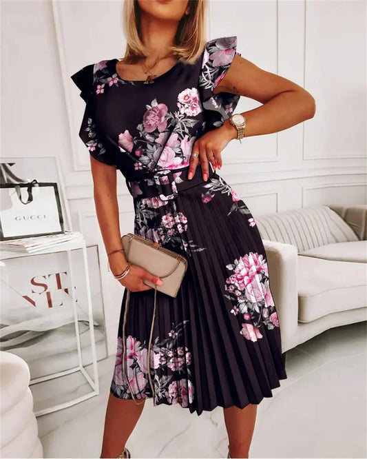 Women's Midi Dress - Satin - Fitted Bodice - Ruffled Sleeves - Belted Waist
