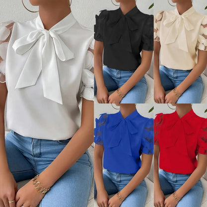 Women’s Blouse – Regular Fit – Sheer Puff Sleeves – Bow Neck – Draped Fabric