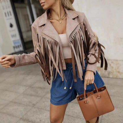 Women’s Fringe Jacket – Tailored Fit – Soft Touch – Cropped Length – Open Front