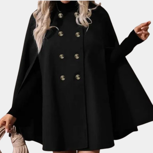 Women’s Cape Coat – Wool Blend – Loose Fit – Double Breasted – Mid-Thigh Length
