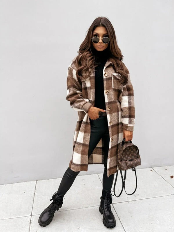 Women’s Coat – Wool Blend – Oversized Fit – Knee Length – Checked – Button Front
