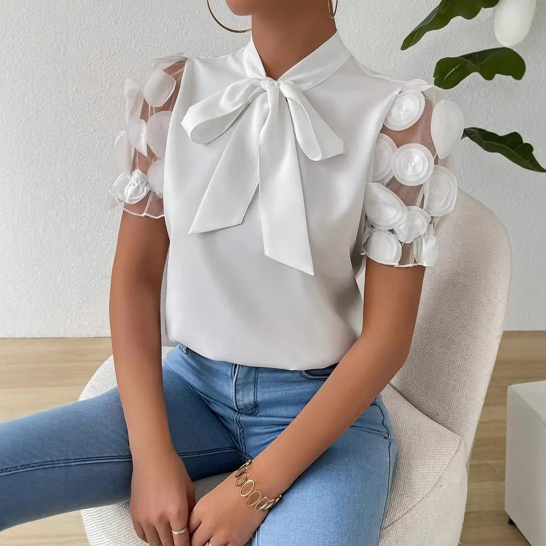 Women’s Blouse – Regular Fit – Sheer Puff Sleeves – Bow Neck – Draped Fabric