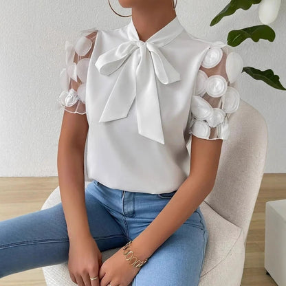 Women’s Blouse – Regular Fit – Sheer Puff Sleeves – Bow Neck – Draped Fabric