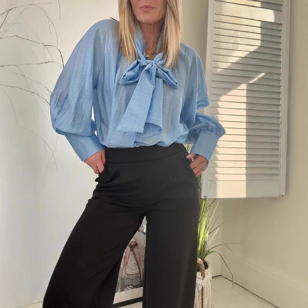 Women’s Blouse – Relaxed Fit – Bow Neckline – Puff Sleeves – Cotton Fabric