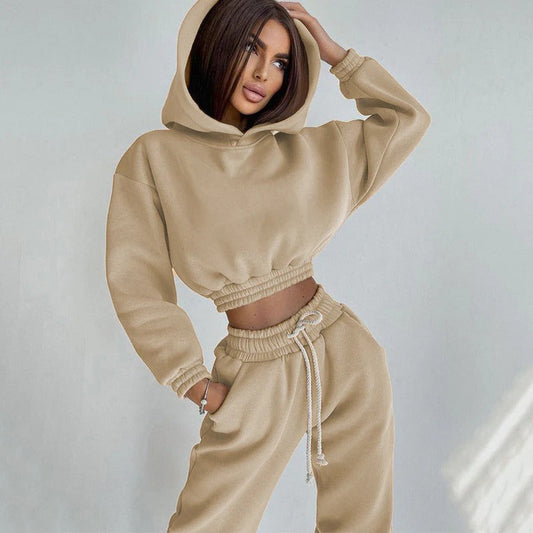 Women’s Loungewear Set – Relaxed Fit – Cropped Hoodie – Cotton Blend – Drawstring Pants