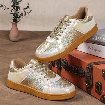 Women’s Low-Top Sneakers - Embossed Reptile Texture - Chunky Sole