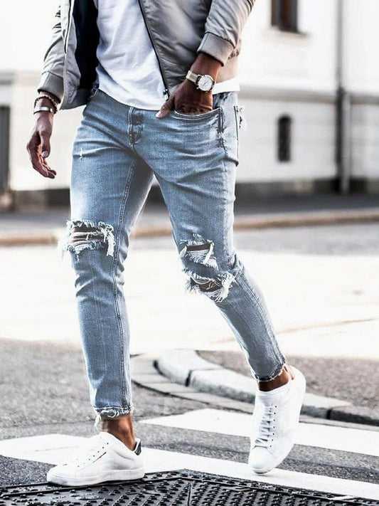 Men’s Slim Fit Jeans – Distressed Denim – Stretch Fabric – Full Length Casual Style
