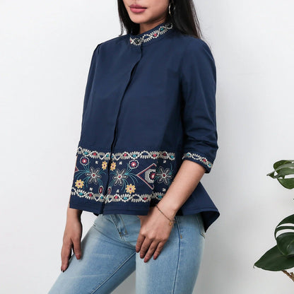 Women’s Tunic Blouse - Cotton - Relaxed Fit - High Collar - Embroidered Detail