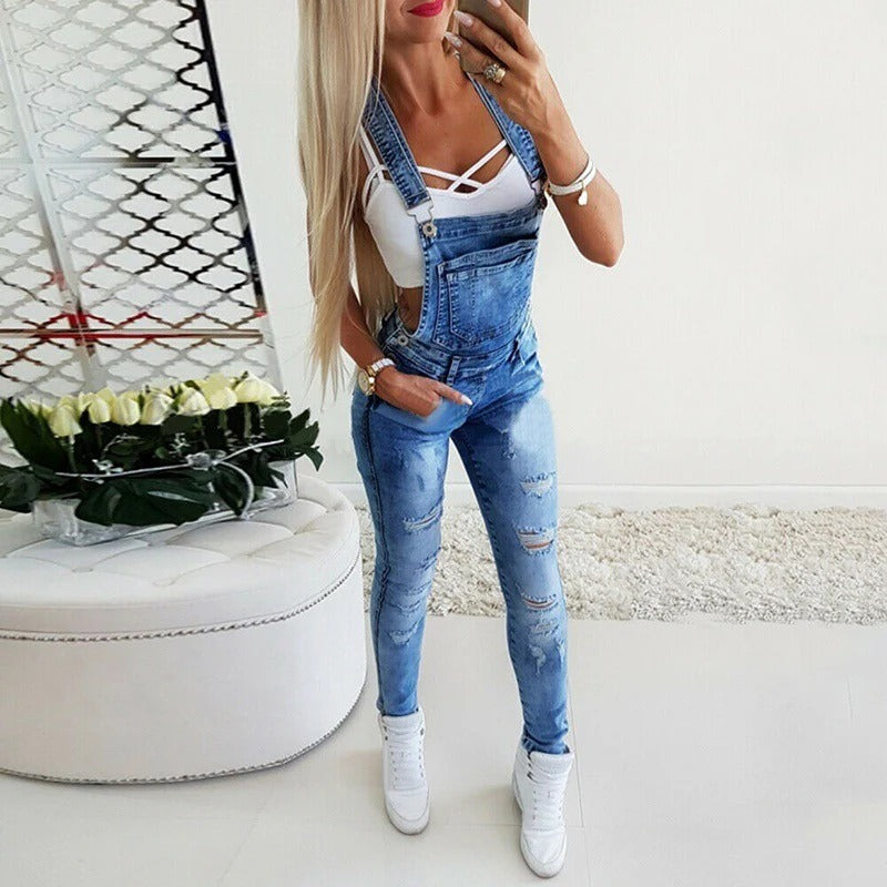 Women’s Denim Overalls – Slim Fit – Distressed Stretch – Adjustable Straps Casual Wear