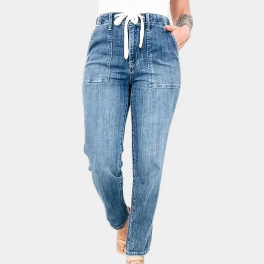 Women’s High-Waisted Pants – Relaxed Fit – Cotton – Denim Look – Drawstring Waist