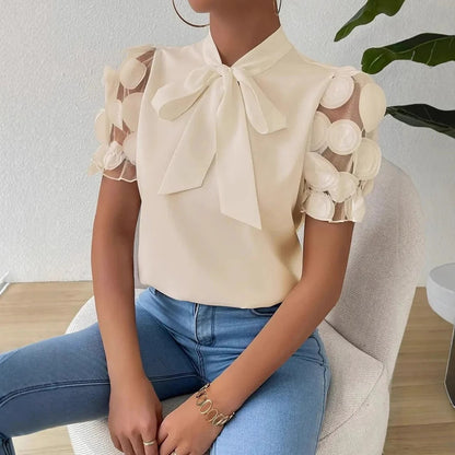 Women’s Blouse – Regular Fit – Sheer Puff Sleeves – Bow Neck – Draped Fabric