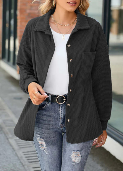 Women's Oversized Shirt - Textured Fabric - Relaxed Fit - Collared Neckline