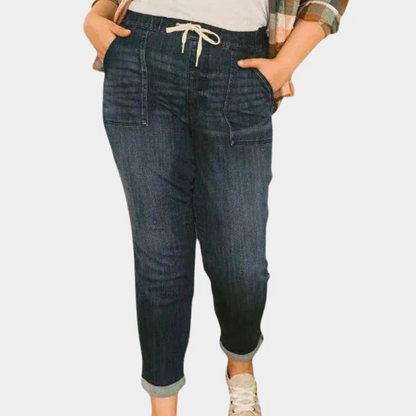 Women’s High-Waisted Pants – Relaxed Fit – Cotton – Denim Look – Drawstring Waist