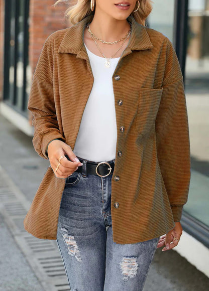 Women's Oversized Shirt - Textured Fabric - Relaxed Fit - Collared Neckline