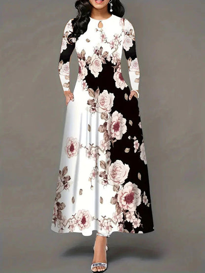 Women's Maxi Dress - A-Line Fit - Keyhole Neckline - Pockets