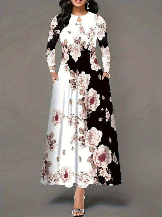 Women's Maxi Dress - A-Line Fit - Keyhole Neckline - Pockets