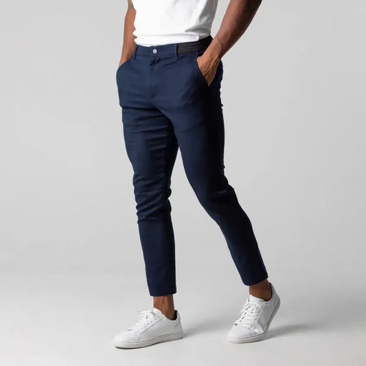 Men’s Cropped Pants – Slim Fit – Woven Stretch – Flat Front – Elastic Waist – Pockets
