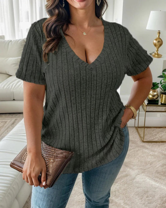 Women's V-Neck Top - Knit - Relaxed Silhouette - Ribbed Texture
