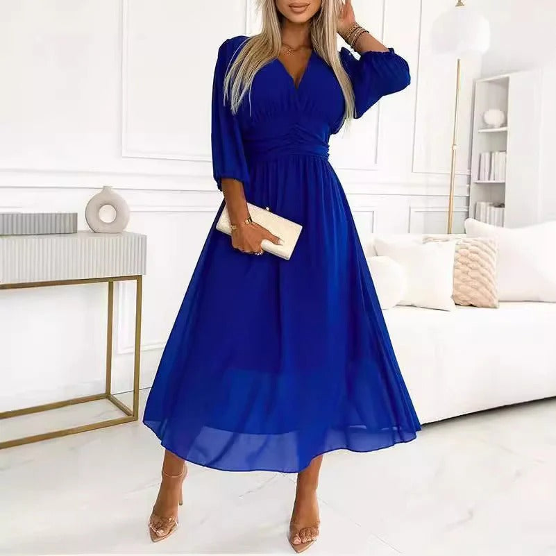 Women’s Maxi Dress – V-Neck – Long Sleeve – Fitted Waist – Flowing Silhouette