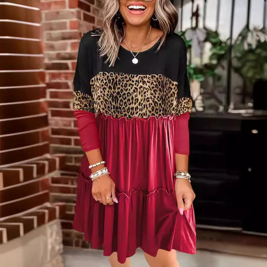 Women’s Mini Dress - Satin Finish - Relaxed Fit - Round Neck - Tiered A-Line