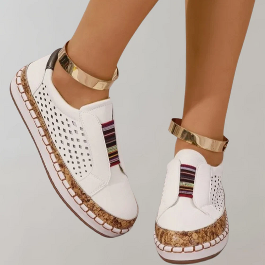 Women’s Loafers – Slip-On Comfort – Perforated Upper – Cushioned Cork-Look Sole