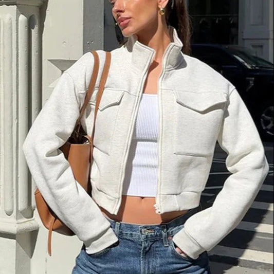 Women’s Utility Jacket – Cropped Relaxed Fit – High Collar – Cotton Blend – Zip Front