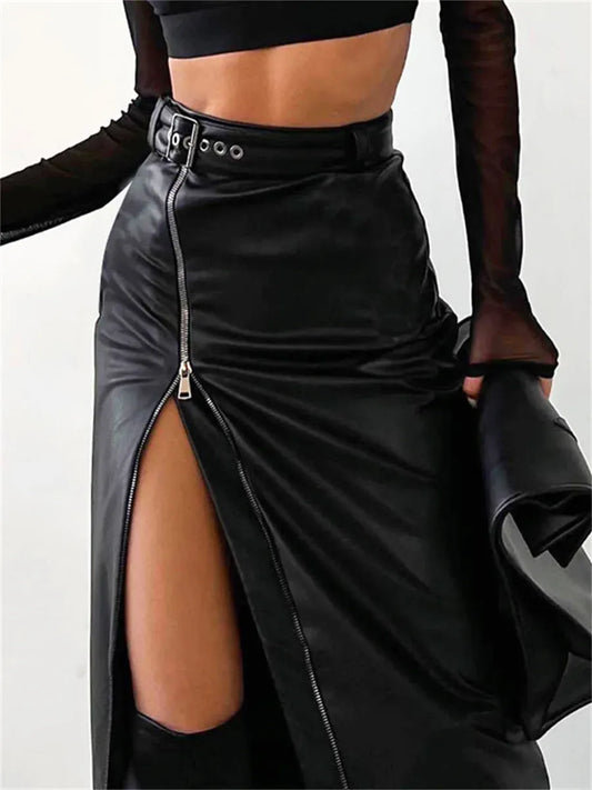 Women’s Pencil Skirt – High Waist – Faux Leather – Front Zip – High Slit – Midi Length