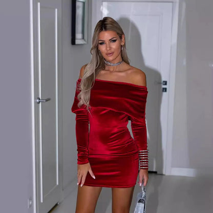 Women's Mini Dress - Velvet - Slim Fit - Off-Shoulder - Long Sleeve