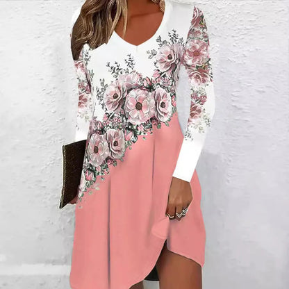 Women's Midi Dress - Relaxed Fit - V-Neck - Long Sleeve - Floral Print