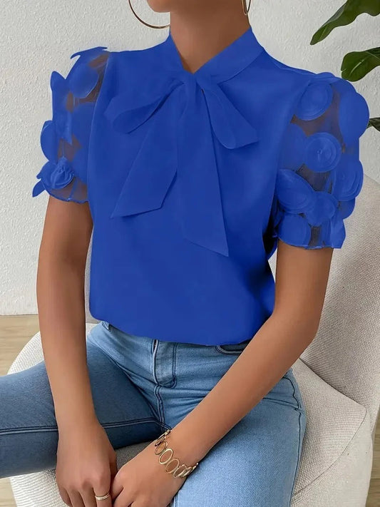 Women’s Blouse – Regular Fit – Sheer Puff Sleeves – Bow Neck – Draped Fabric