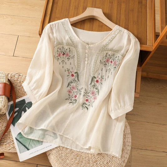 Women’s Blouse – Relaxed Fit – Cotton – Floral Embroidery – 3/4 Sleeve – Button Neck