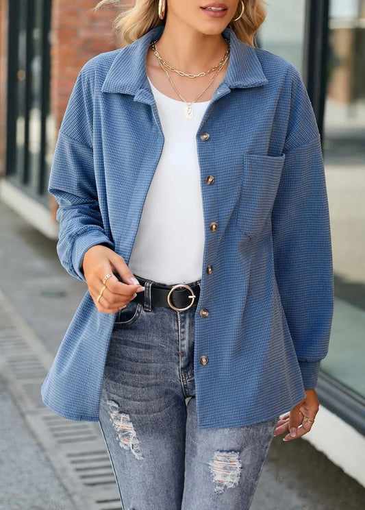 Women's Oversized Shirt - Textured Fabric - Relaxed Fit - Collared Neckline