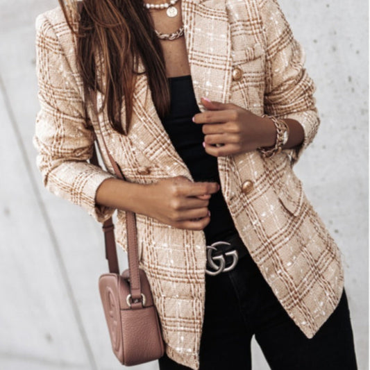 Women’s Blazer – Tailored Fit – Double-Breasted – Woven Texture – Padded Shoulders