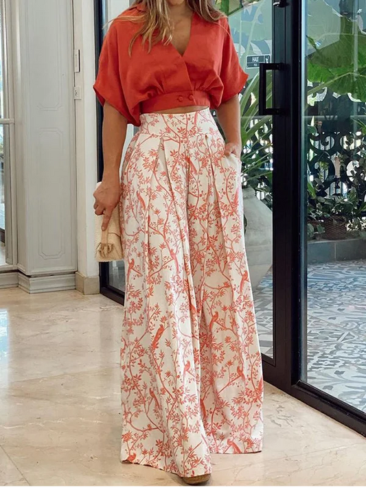 Women’s Two-Piece Set – Relaxed Fit Top with Dolman Sleeves – Wide-Leg Pleated Pants – Breathable Blend