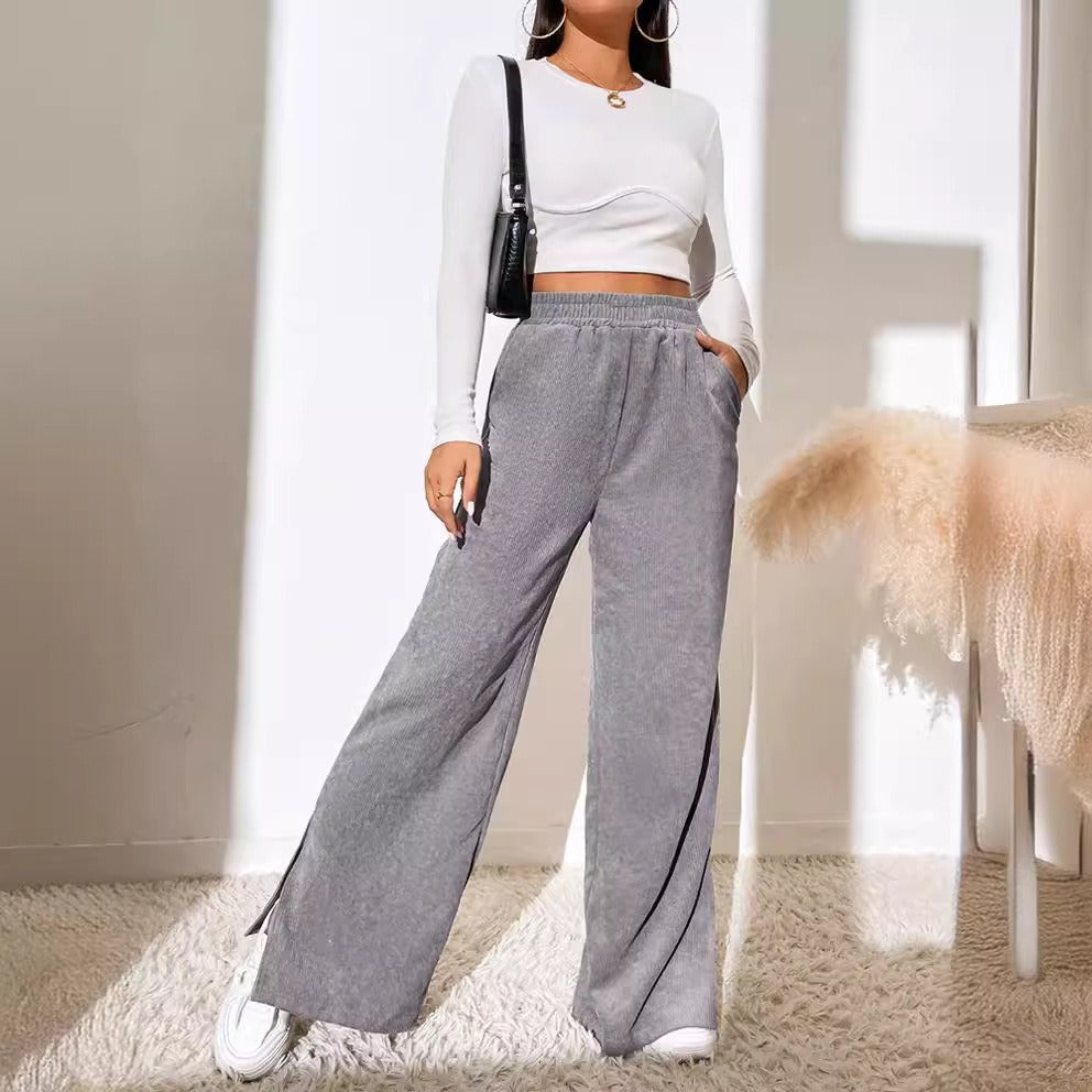 Women’s Wide-Leg Pants – High Waist – Corduroy – Split Hem – Side Pockets