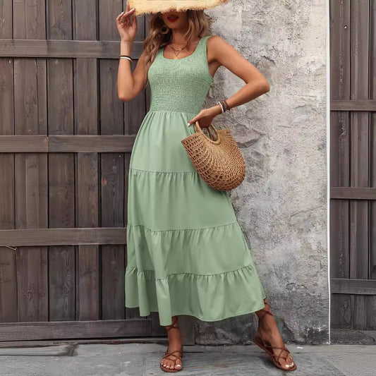 Women’s Suspender Dress – Smocked Bodice – A-Line Fit – Pleated Tiered Skirt – Cotton