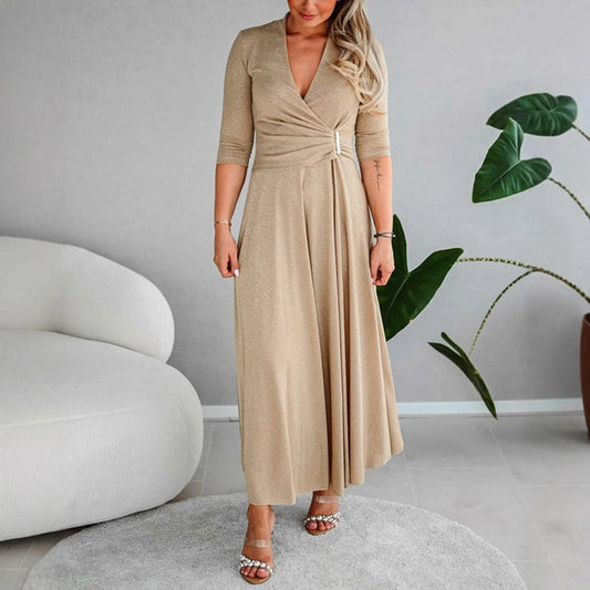 Women’s Maxi Dress – Fit and Flare Wrap – V-Neck – Three-Quarter Sleeve – Soft Stretch