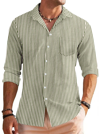 Men’s Button-Down Shirt – Cotton Blend – Regular Fit – Striped Long Sleeve Casual